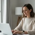 Woman working on a laptop in her home office.