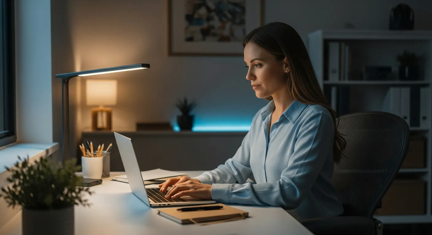 Woman working at her desk in a well-lit home office.