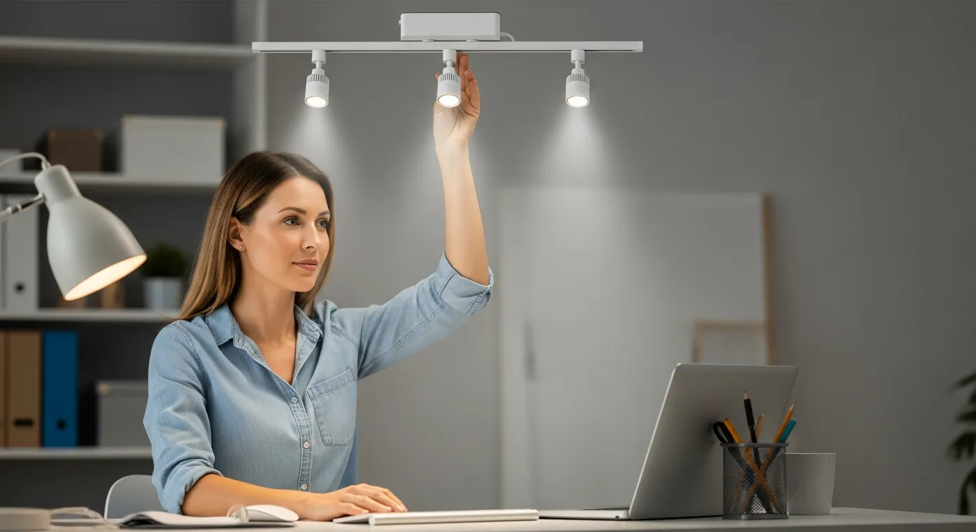 Woman adjusting track lighting in her home office.