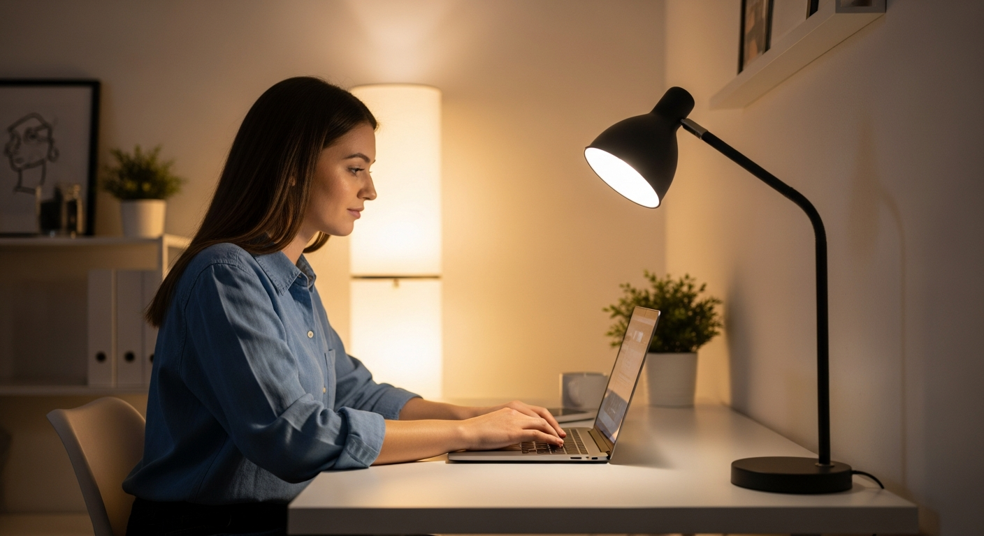 Woman working at a desk in a home office illuminated by indirect lighting.