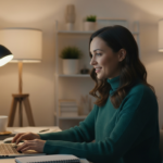 Woman working in a home office illuminated by soft, indirect lighting.