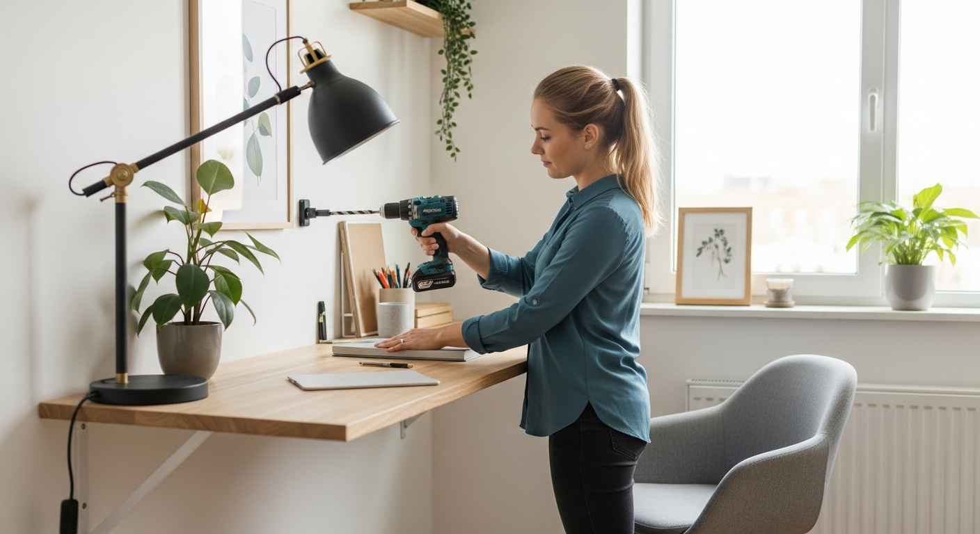 Woman installing a floating desk in a small office.