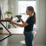 Woman installing a floating desk in a small office.