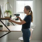 Woman installing a floating desk in a small office.