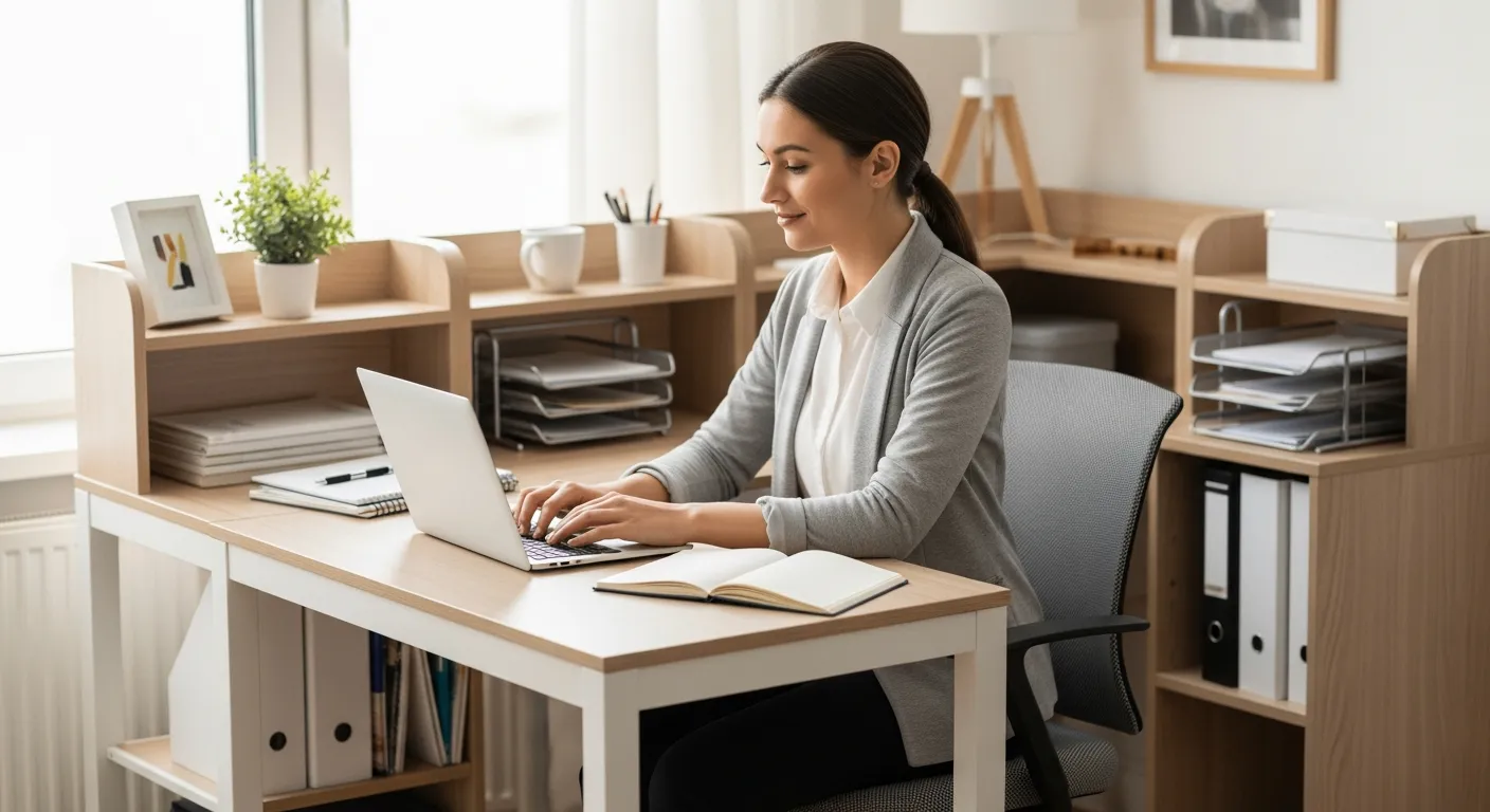 Woman working at a small L-shaped desk with storage in a home office.