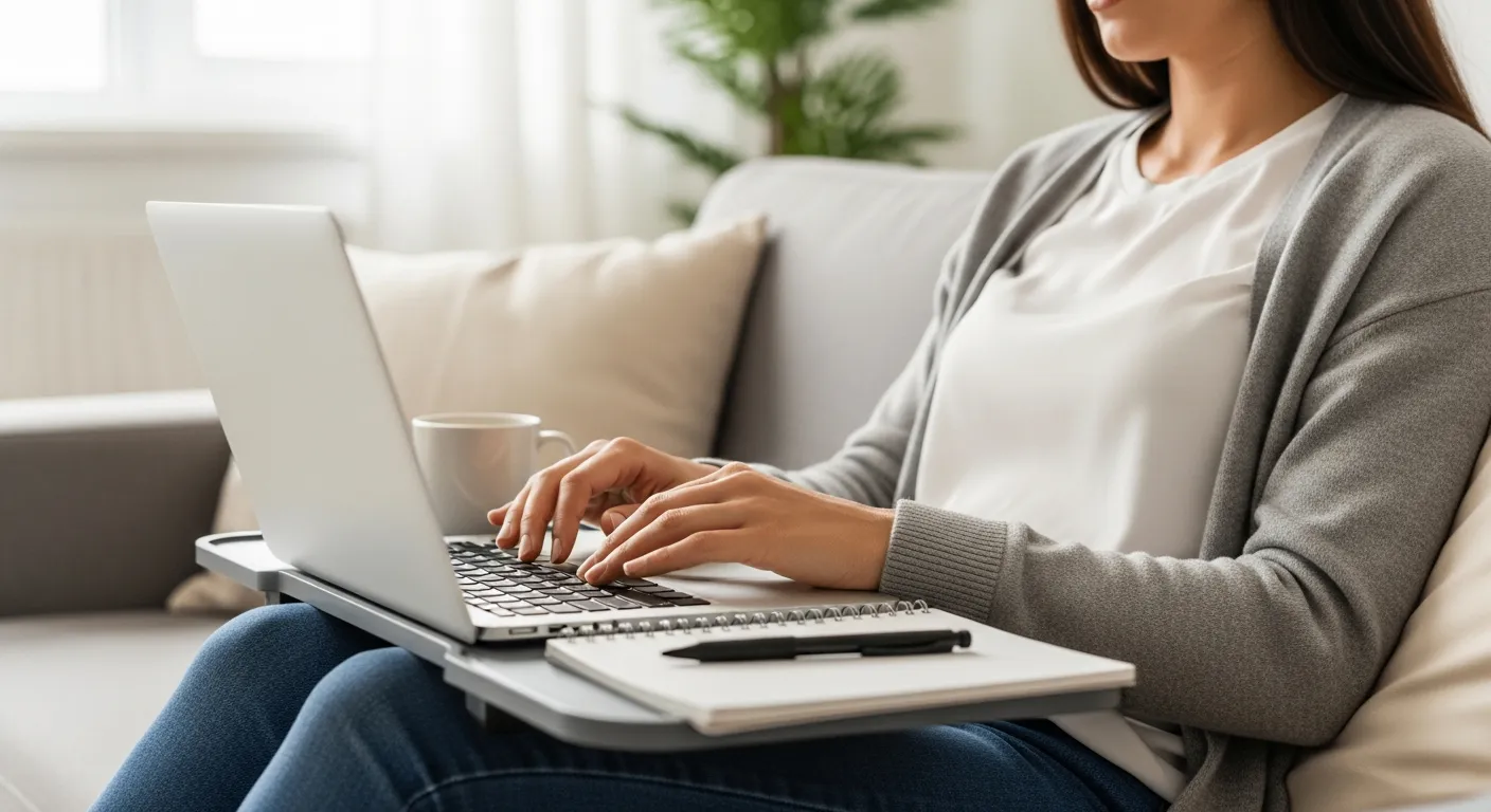 Woman using a lap desk with a laptop, notebook, pen, and coffee mug while working on a sofa.