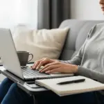 Woman working on a laptop using a lap desk in her living room.