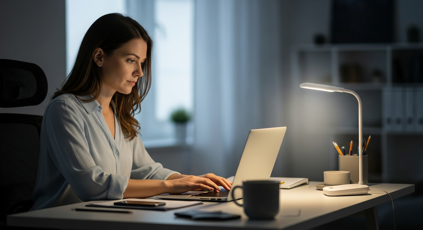 Woman working at a desk with an LED lamp in a home office.