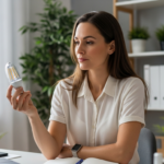 Woman holding an LED light bulb in a home office setting.