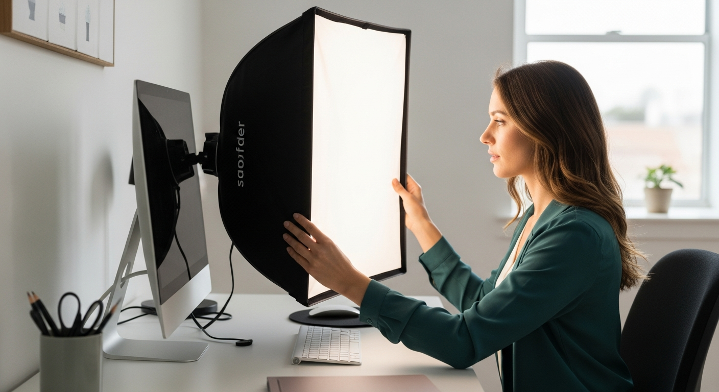 Woman adjusts a light diffuser while working at her home office desk.