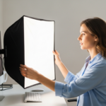 Woman adjusting a light diffuser in her home office.