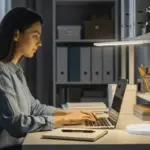 Woman working at a small desk with a modern desk lamp in a home office.