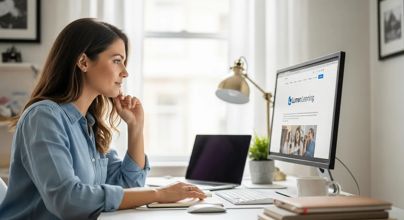 Woman working at her desk in a bright home office.
