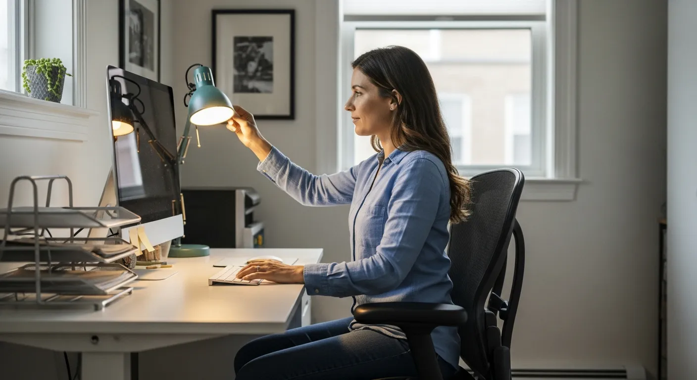 Woman adjusting a lamp to reduce glare on her computer screen in a home office.