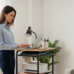 Woman working on laptop next to mobile office cart