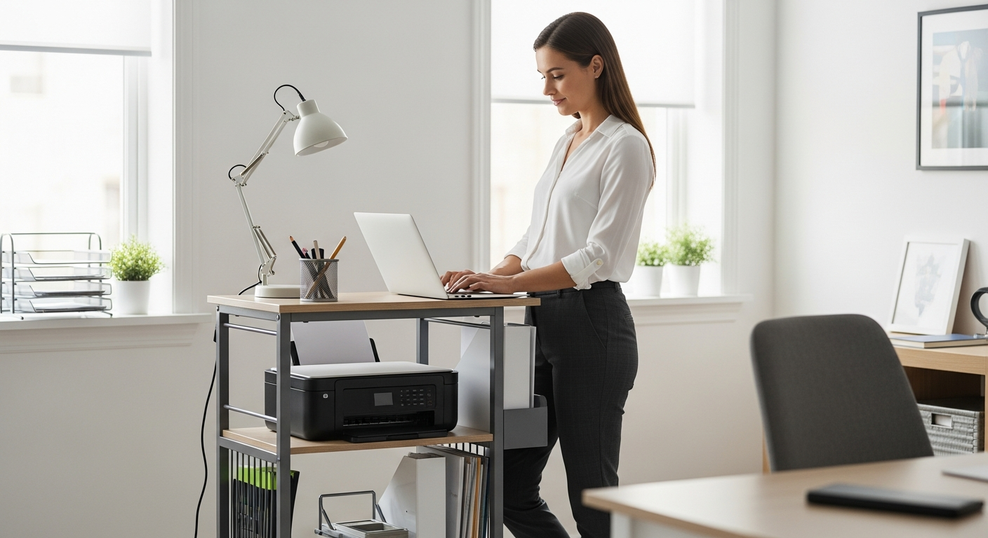 Woman working on a laptop next to a mobile office cart in a home office.