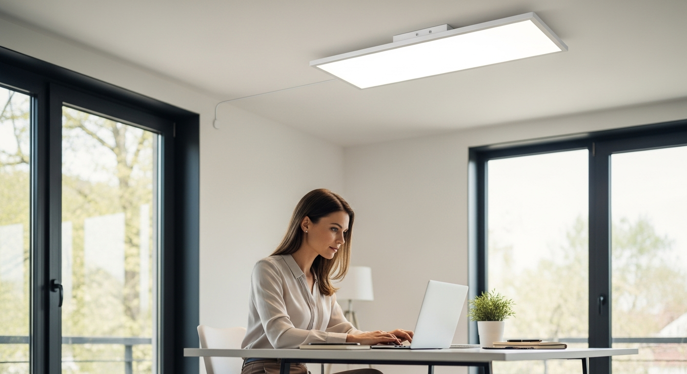 Uma mulher trabalha no computador em um escritório doméstico iluminado com luz natural e luzes LED.