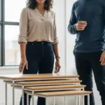 Dos personas observan un conjunto de mesas nido en una oficina moderna.