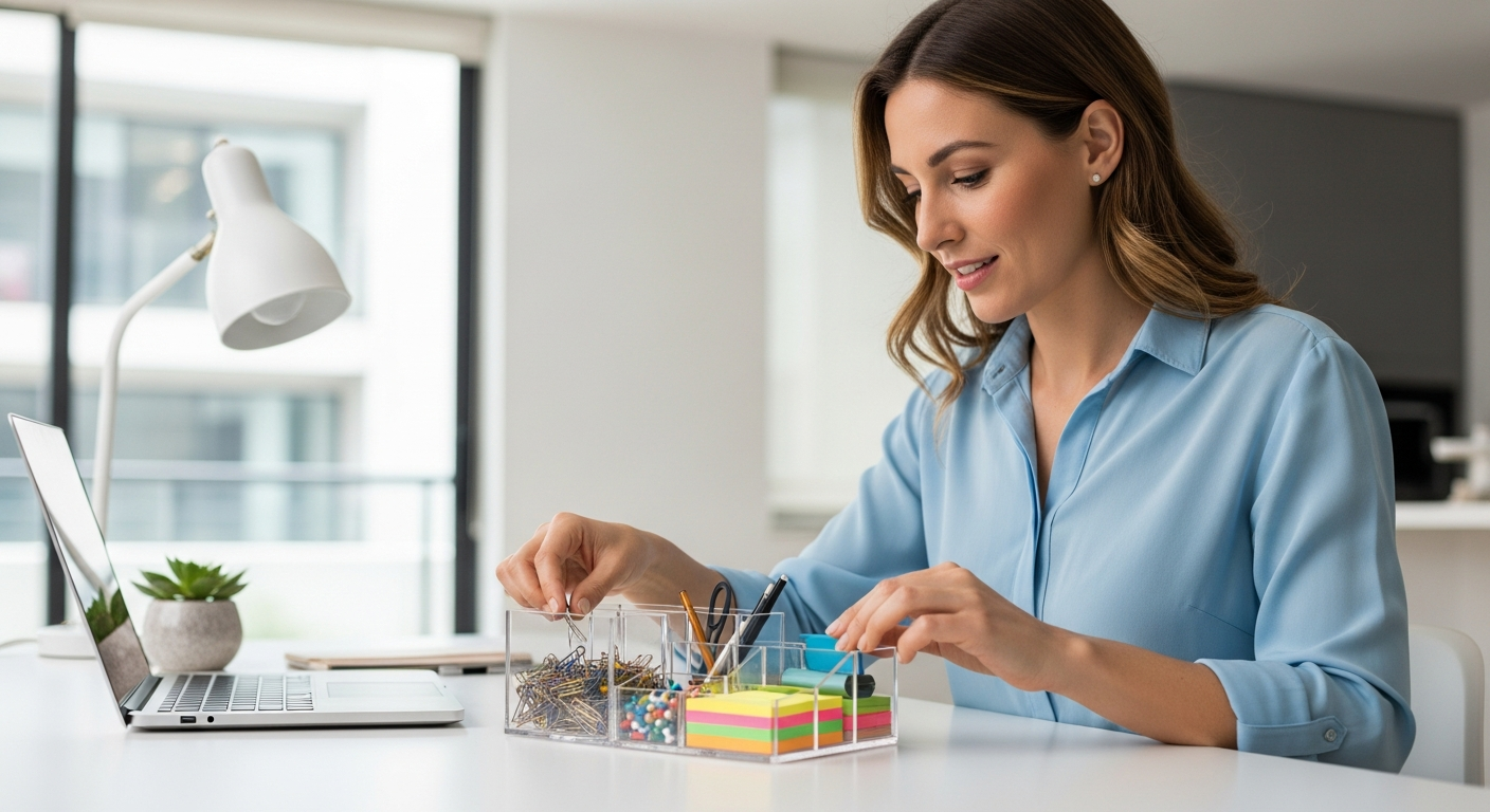 Woman organizing office supplies on a desk.