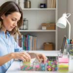 Woman organizing small office supplies on a desk.