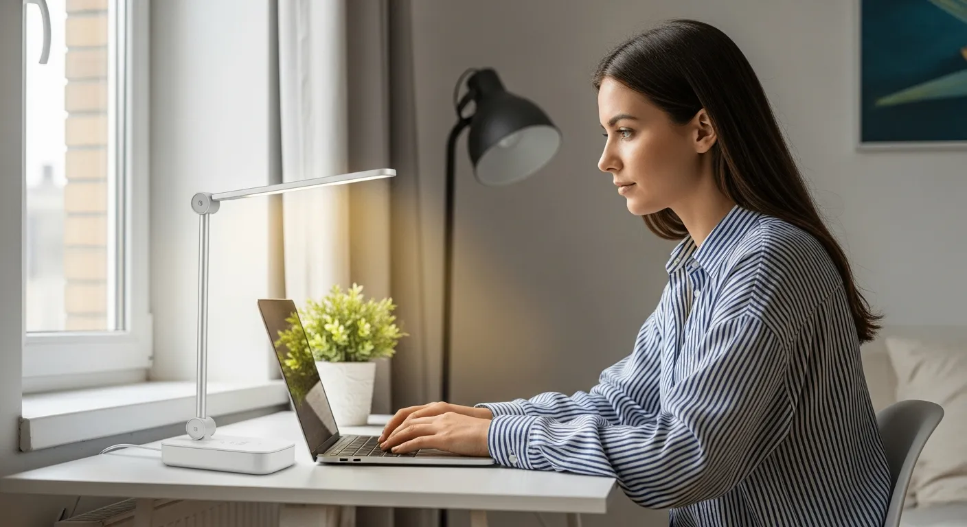 Woman working at a desk with a portable lamp.