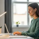 Woman working at a desk with a portable lamp.
