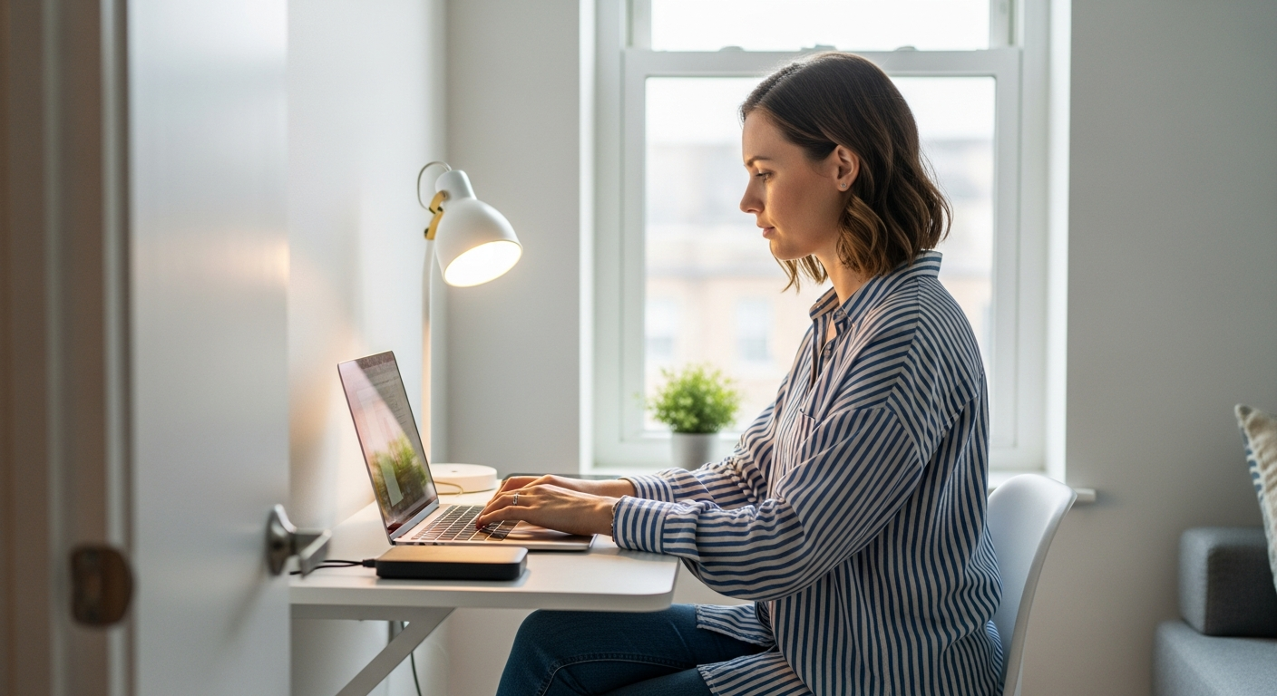 Woman working on a laptop in a small home office with an external hard drive on the desk.