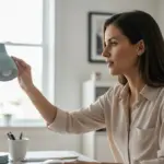 Woman adjusts a desk lamp to minimize glare on her computer screen in a home office.