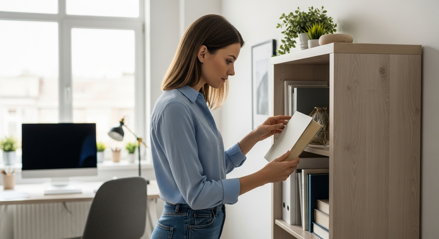Woman selecting a small bookshelf for her home office.