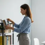 Woman organizing books on a small bookshelf in a home office.