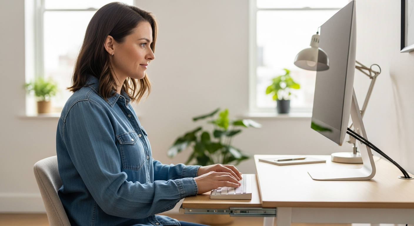 Woman working at a small computer table with a keyboard tray in a home office.