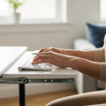 Woman working at a small computer table with a keyboard tray in a modern apartment.