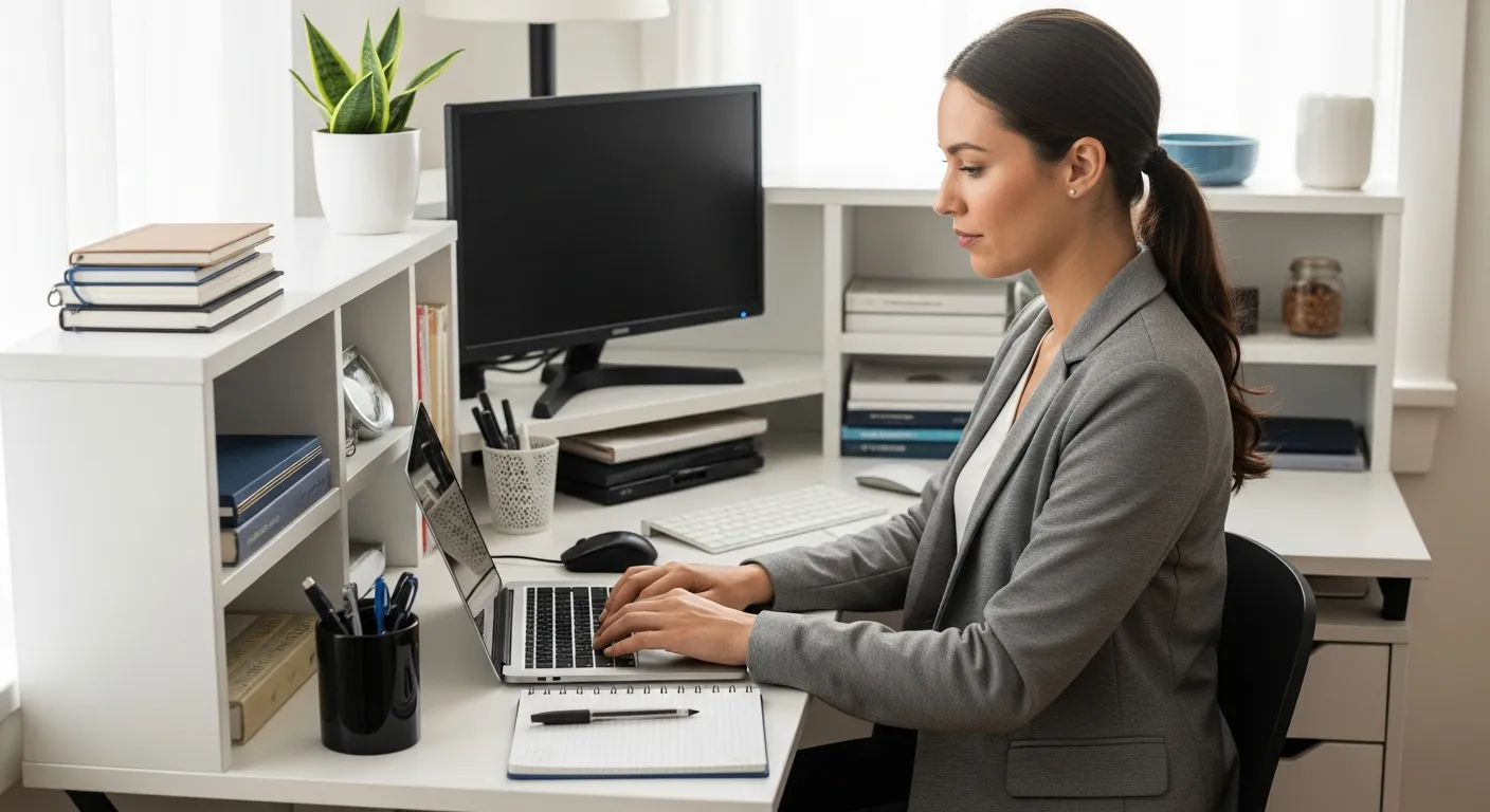 Woman working at an organized corner desk in her home office.
