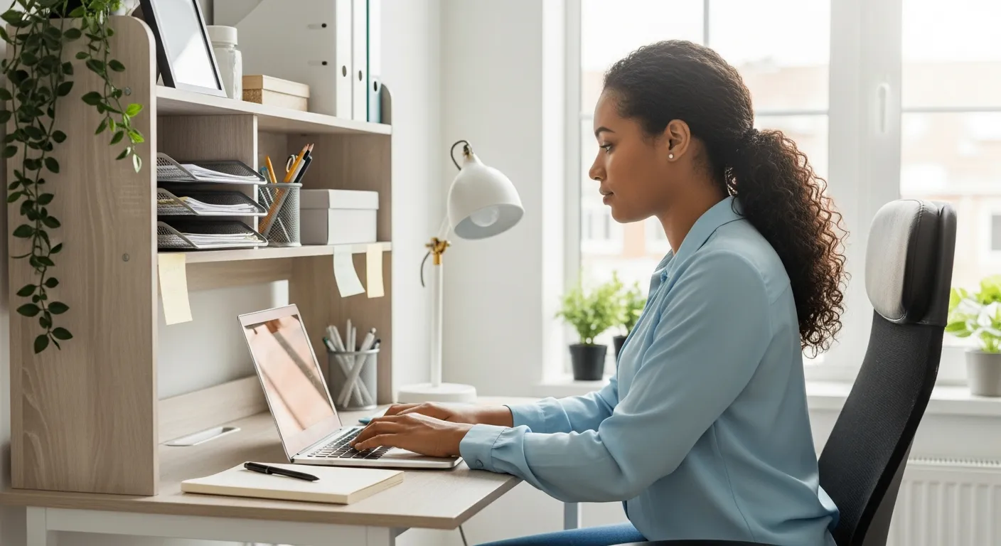 Woman working at a small desk with a hutch in her home office.