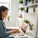 Woman working at a small desk with a hutch in her home office.