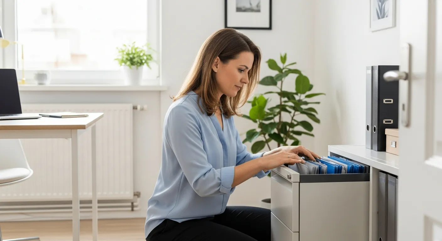 Woman organizing files in a small filing cabinet in her home office.