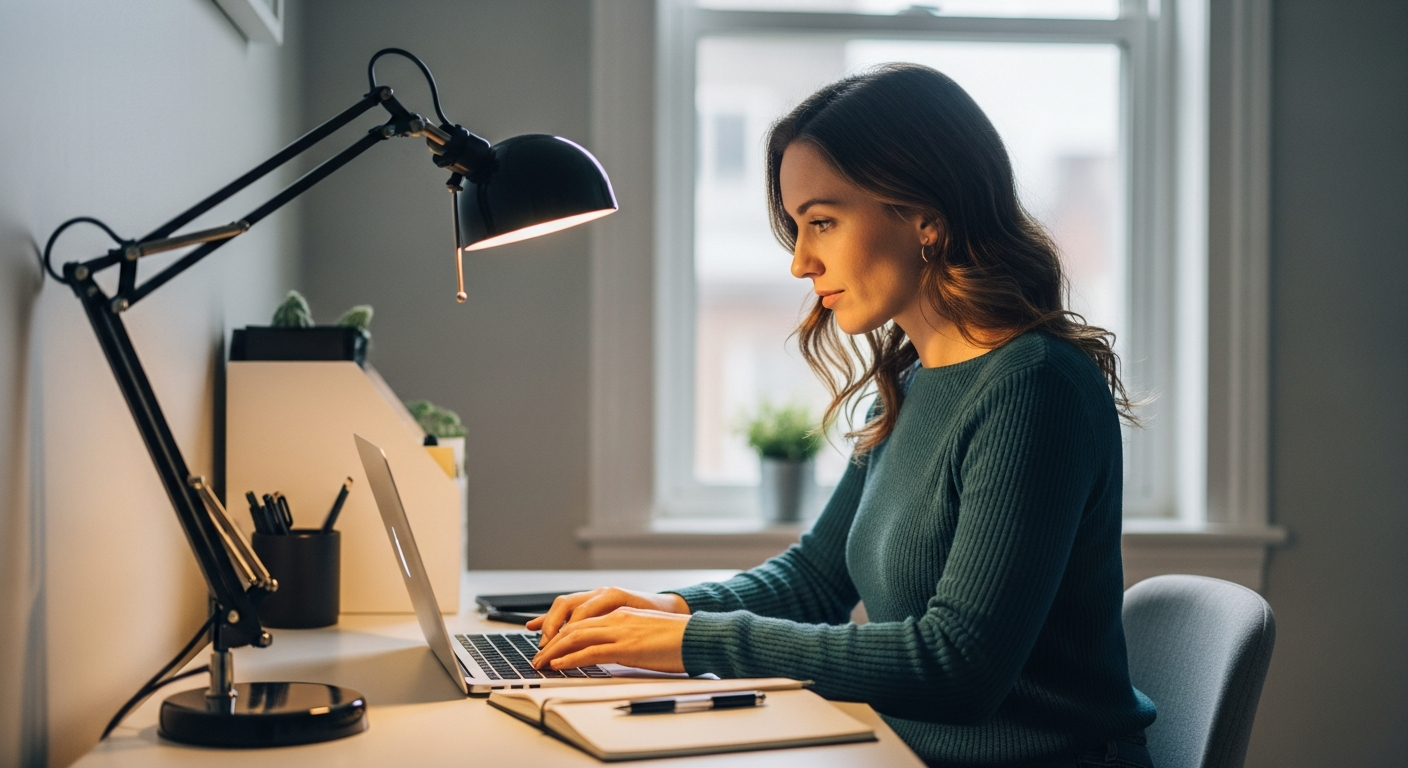 Woman working at a small desk with a lamp.