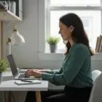 Woman working on a laptop in a small home office with space-saving furniture.