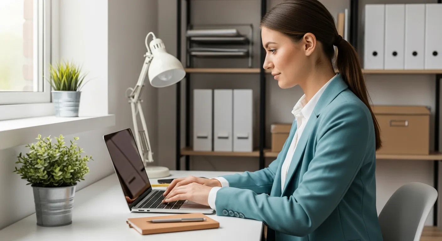 Woman working on a laptop in a small home office.