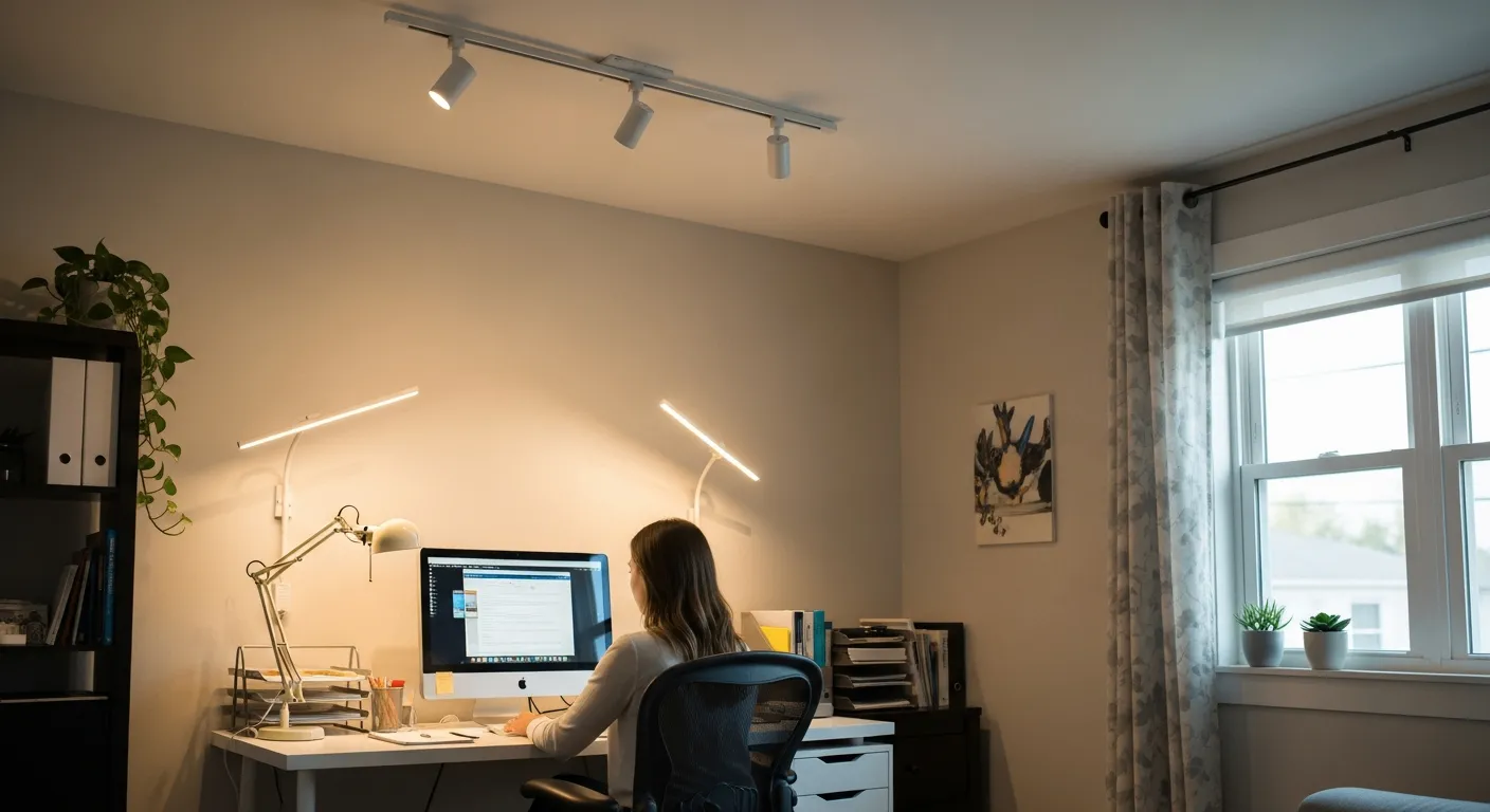 Woman working in a home office with modern overhead lighting.