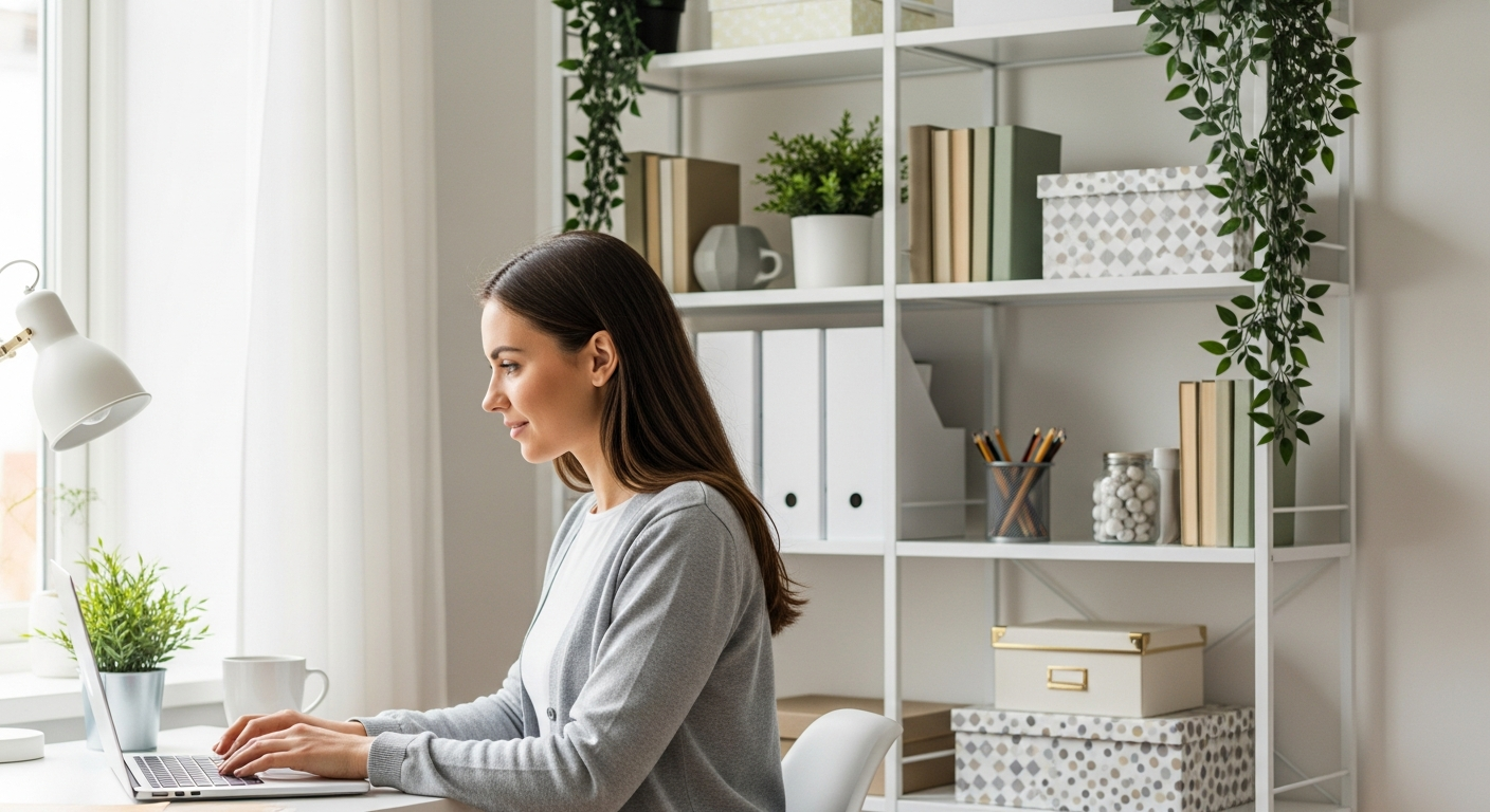 Woman working at a desk in a small home office with smart shelving.