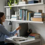 Woman organizing shelves in a small home office.