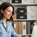 Woman working at a desk with storage boxes in the background.