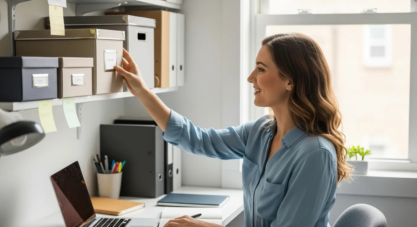 Woman organizing storage boxes in a small home office.