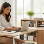 Uma mulher trabalha em um escritório doméstico usando uma pequena mesa em formato de L com espaço de armazenamento.