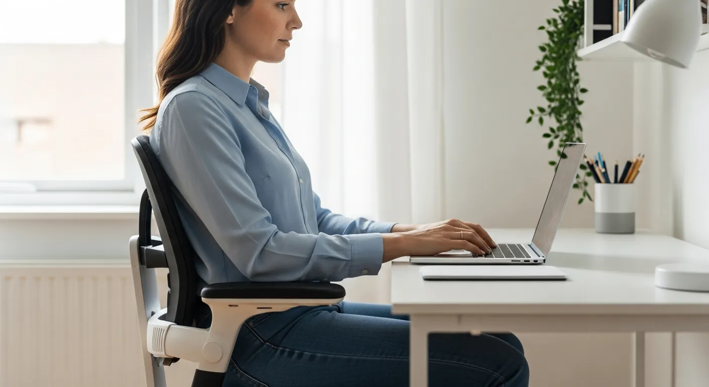 Woman working at a desk in a small office chair with armrests.