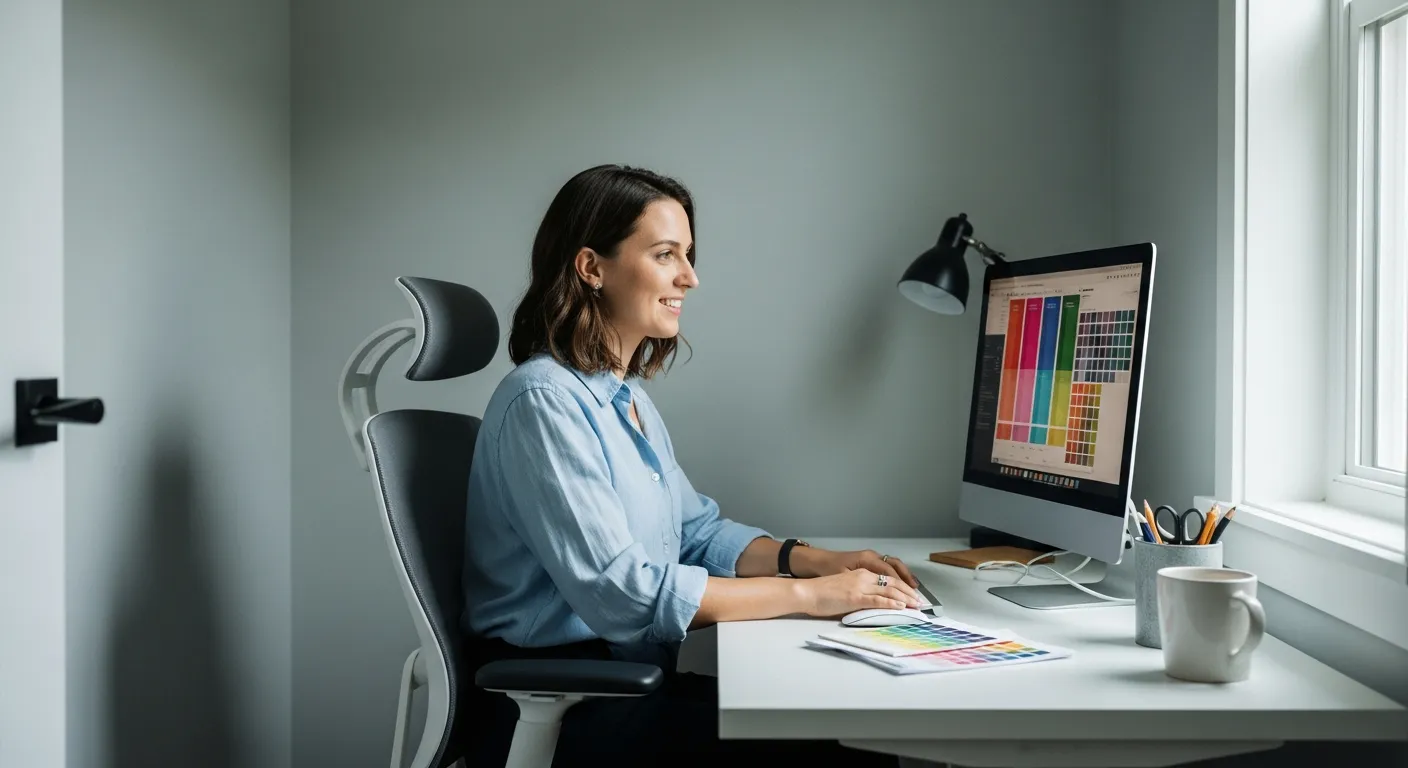 Woman working in a small home office, selecting colors on her computer.