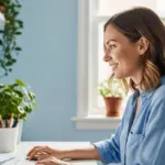 Woman selecting colors on a computer in a small home office.