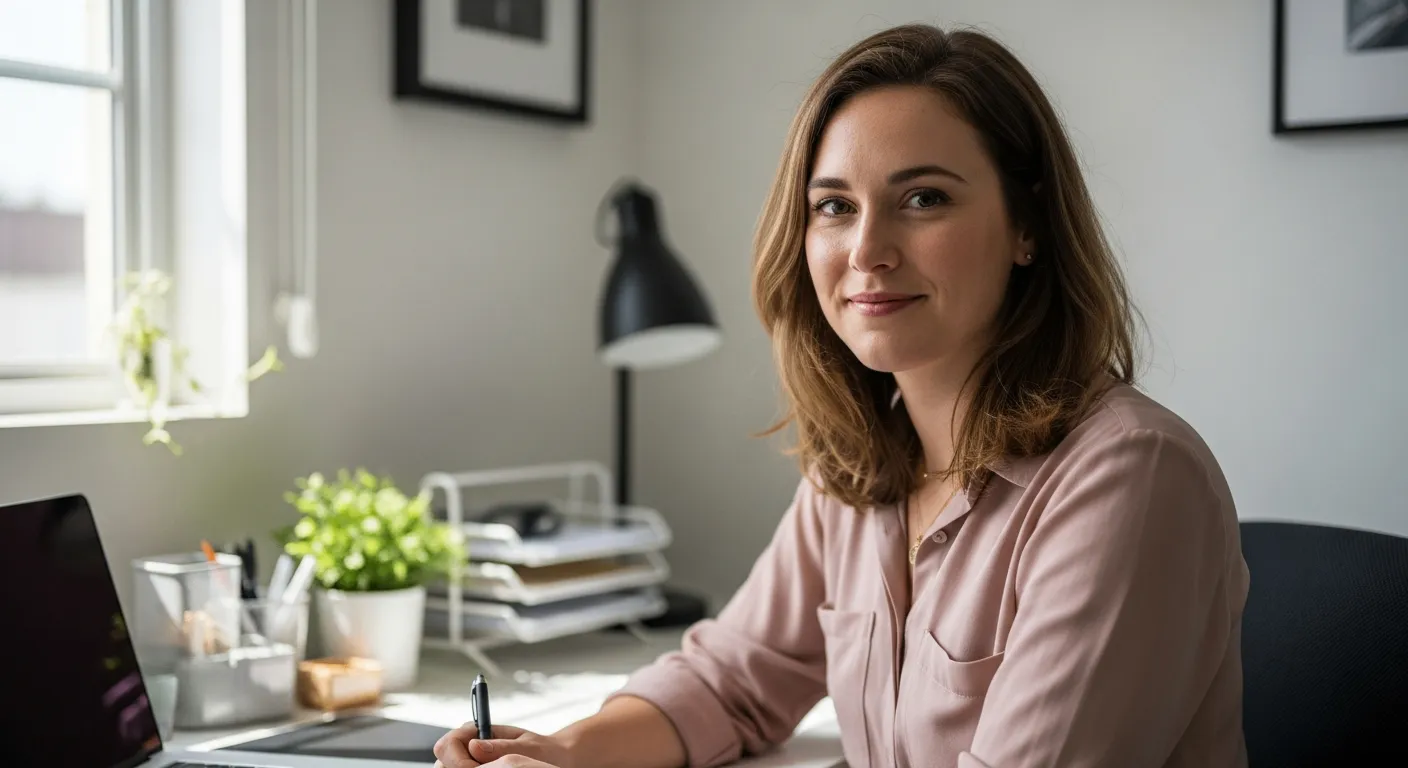Woman sitting at an organized desk in a small office.
