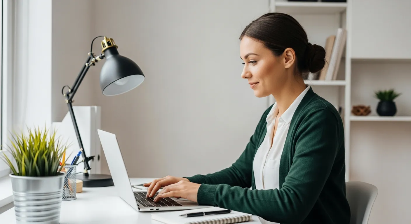 Woman working on a laptop in a small home office.